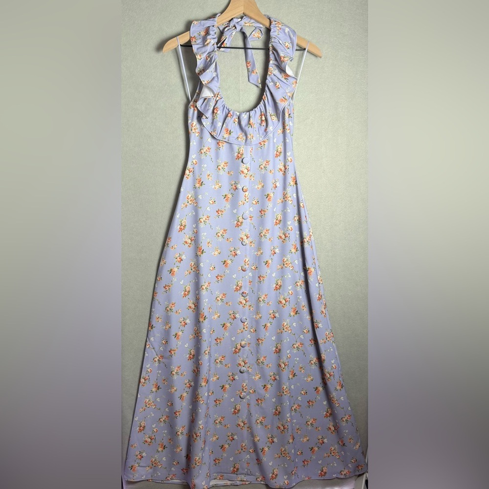 Brand New WeWoreWhat Women's Ruffle Halter Midi Dress Vintage Roses Purple S